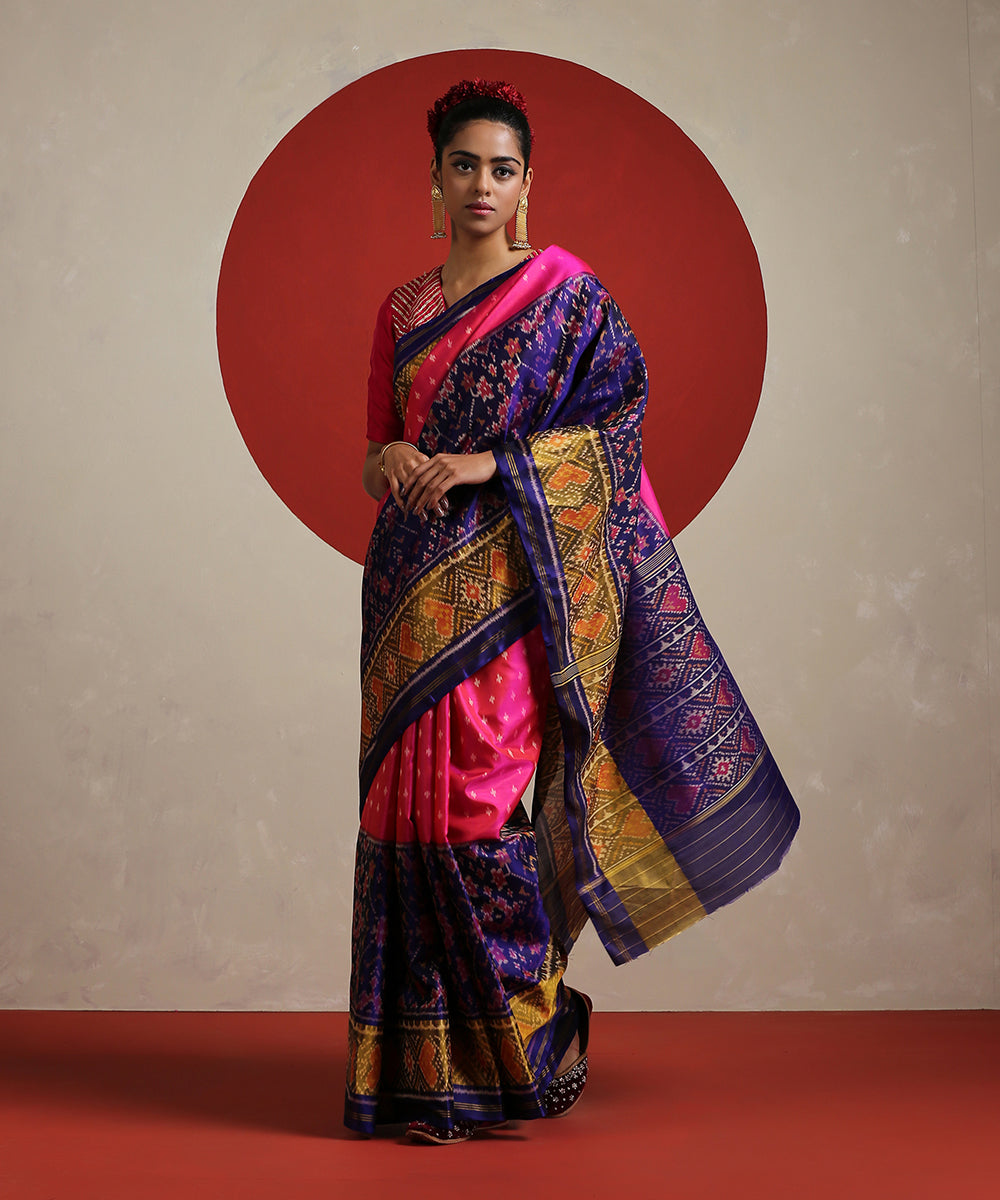 Ink_Blue_Handloom_Pure_Mulberry_Ikat_Patola_Saree_With_Hot_Pink_Tissue_Border_WeaverStory_02