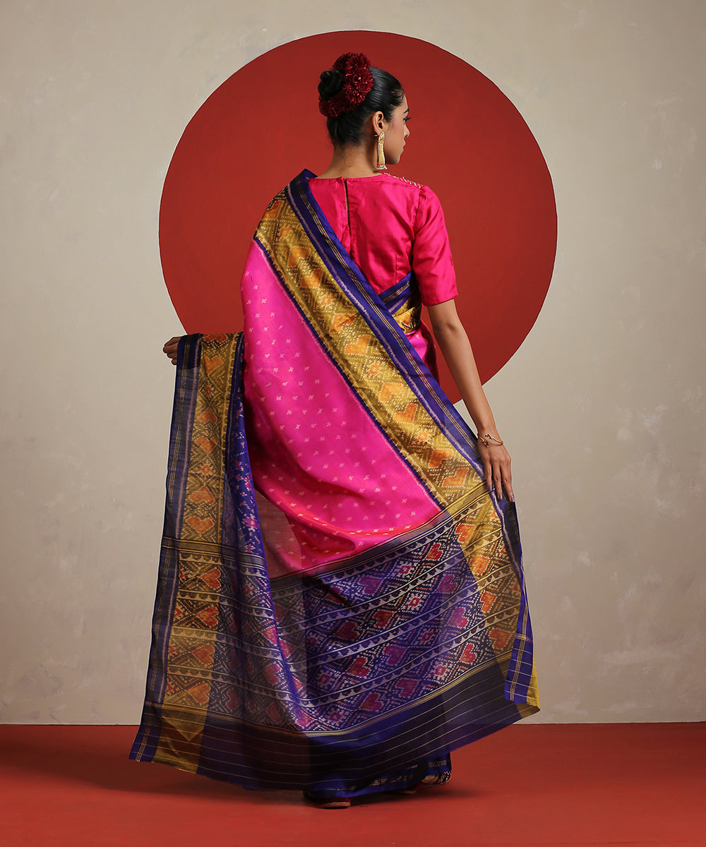 Ink_Blue_Handloom_Pure_Mulberry_Ikat_Patola_Saree_With_Hot_Pink_Tissue_Border_WeaverStory_03
