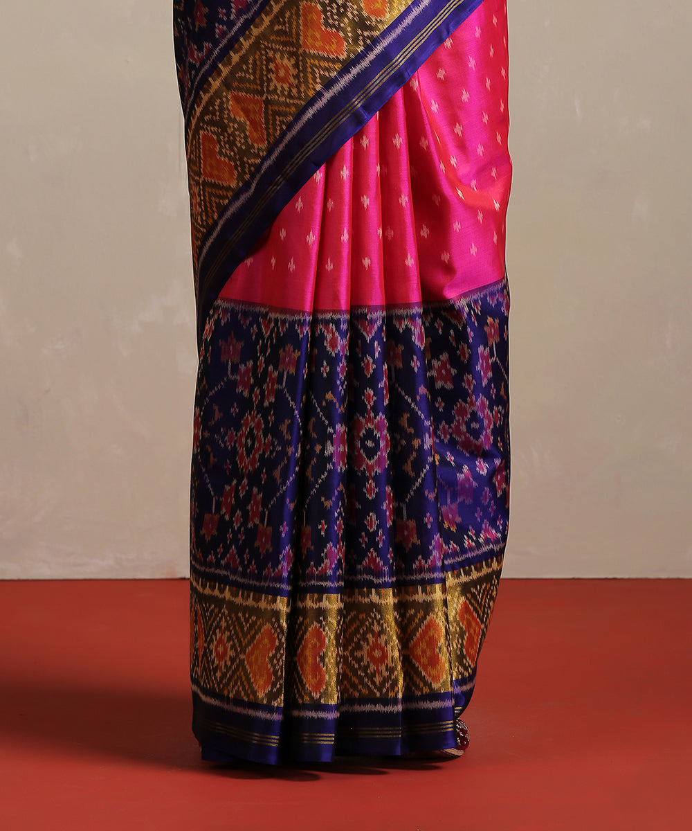 Ink_Blue_Handloom_Pure_Mulberry_Ikat_Patola_Saree_With_Hot_Pink_Tissue_Border_WeaverStory_04