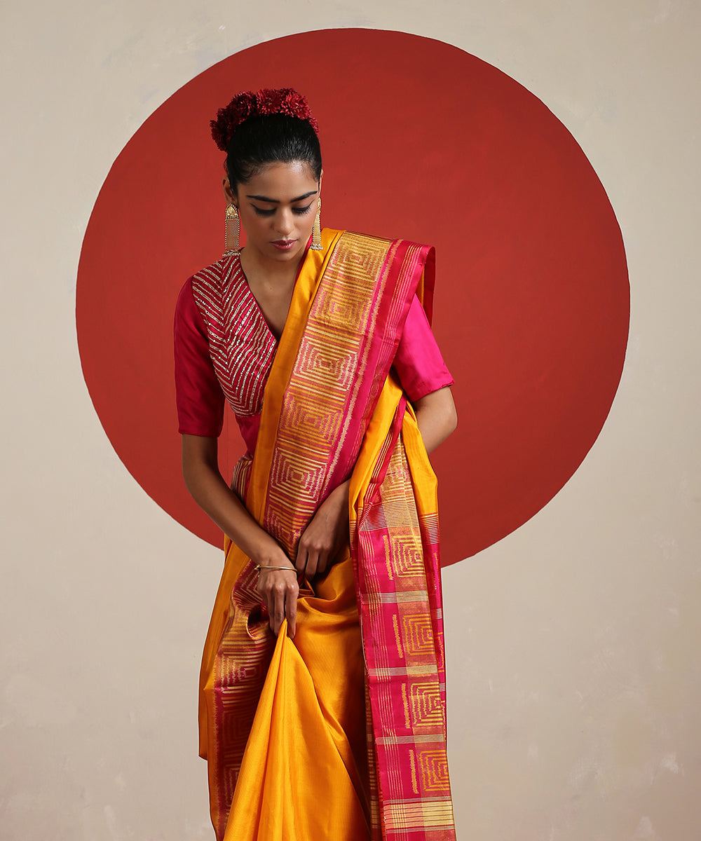 Handloom_Yellow_Pure_Mulberry_Silk_Ikat_Patola_Saree_With_Magenta_Tissue_Border_WeaverStory_01