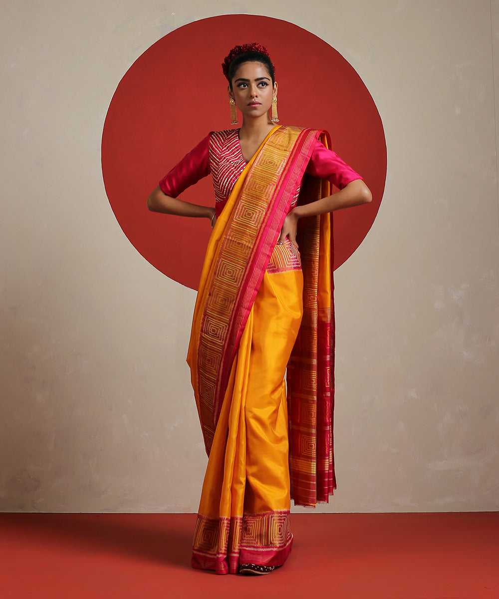 Handloom_Yellow_Pure_Mulberry_Silk_Ikat_Patola_Saree_With_Magenta_Tissue_Border_WeaverStory_02