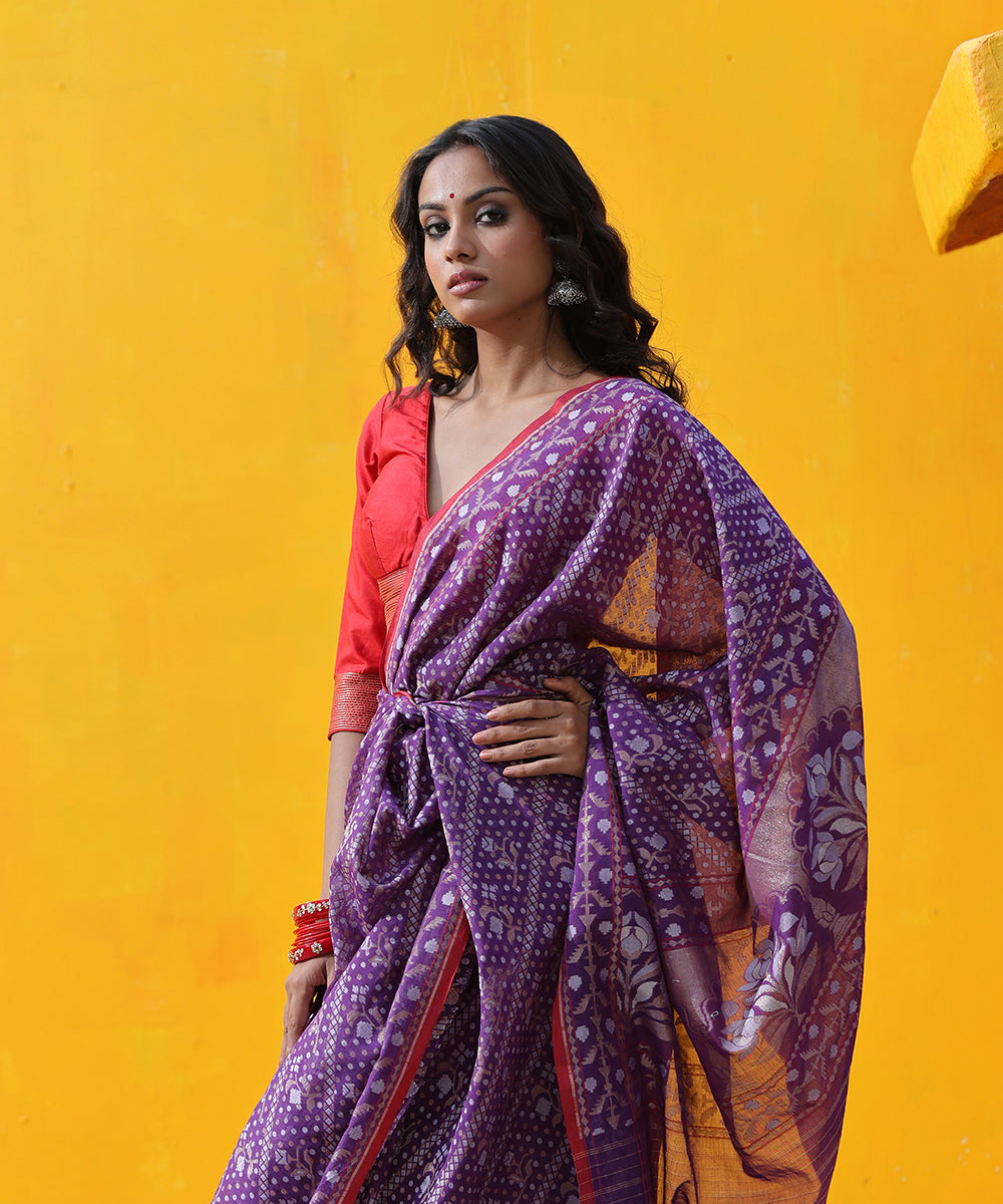 Handloom_Purple_Cotton_ Banarasi_Jamdani_Saree_With_Red_Selvedge_WeaverStory_01