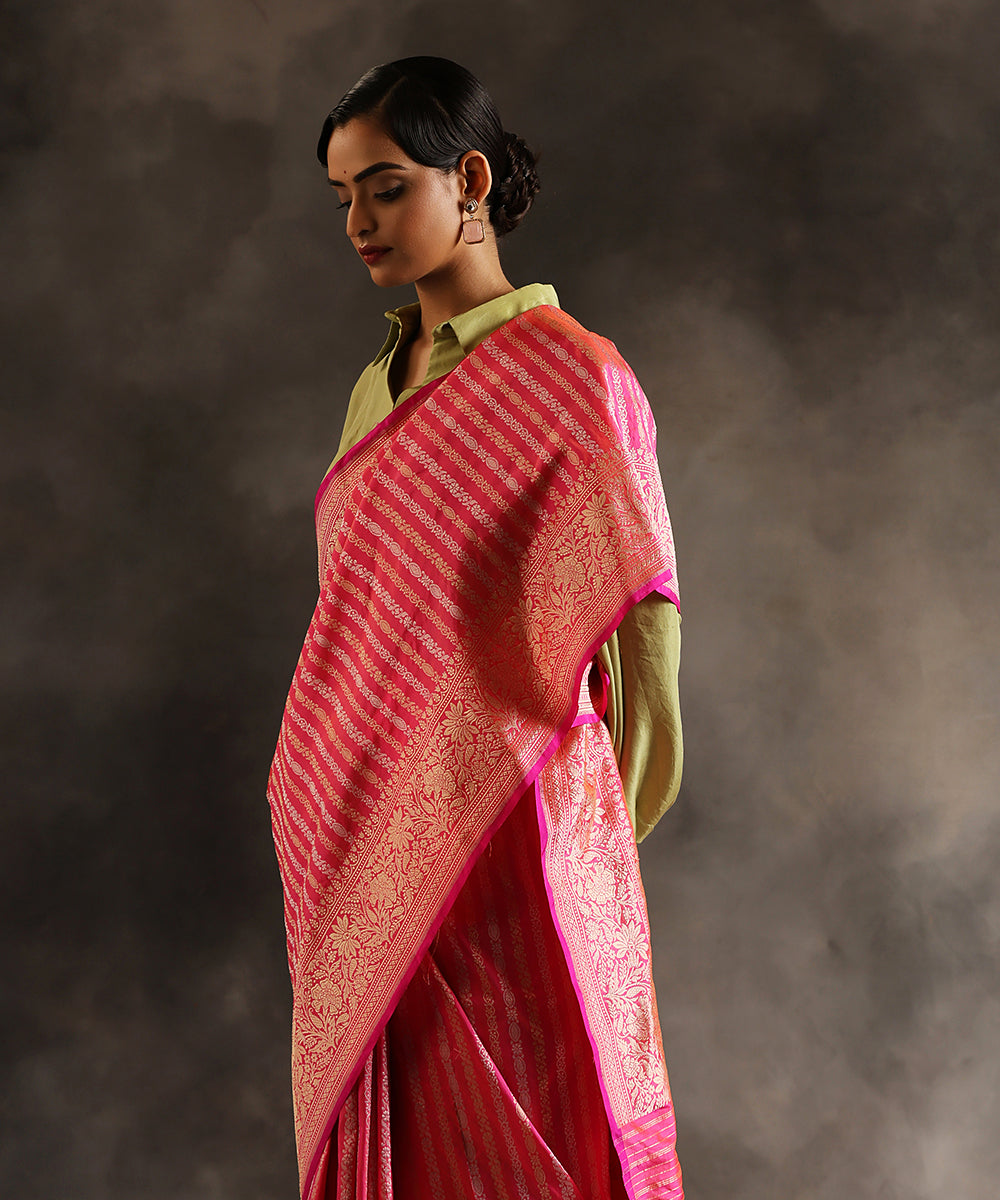 Handloom_Neon_Pink_Double_Shade_Pure_Katan_Silk_Zari_Tanchoi_Banarasi_Saree_With_Kadhwa_Striped_WeaverStory_01