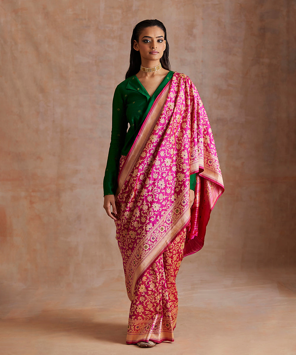 Hot_Pink_Handloom_Pure_Katan_Silk_Banarasi_Saree_With_Meenakari_Floral_Jaal_WeaverStory_02
