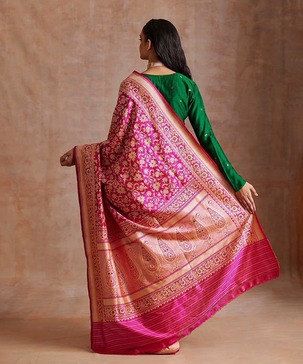 Hot_Pink_Handloom_Pure_Katan_Silk_Banarasi_Saree_With_Meenakari_Floral_Jaal_WeaverStory_03