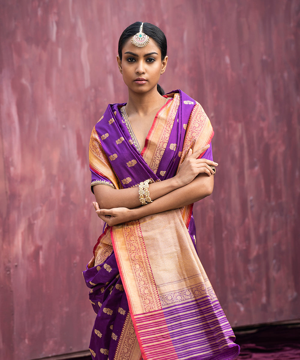 Purple_Handloom_Pure_Katan_Silk_Banarasi_Saree_With_Gold_Cutwork_Booti_WeaverStory_01