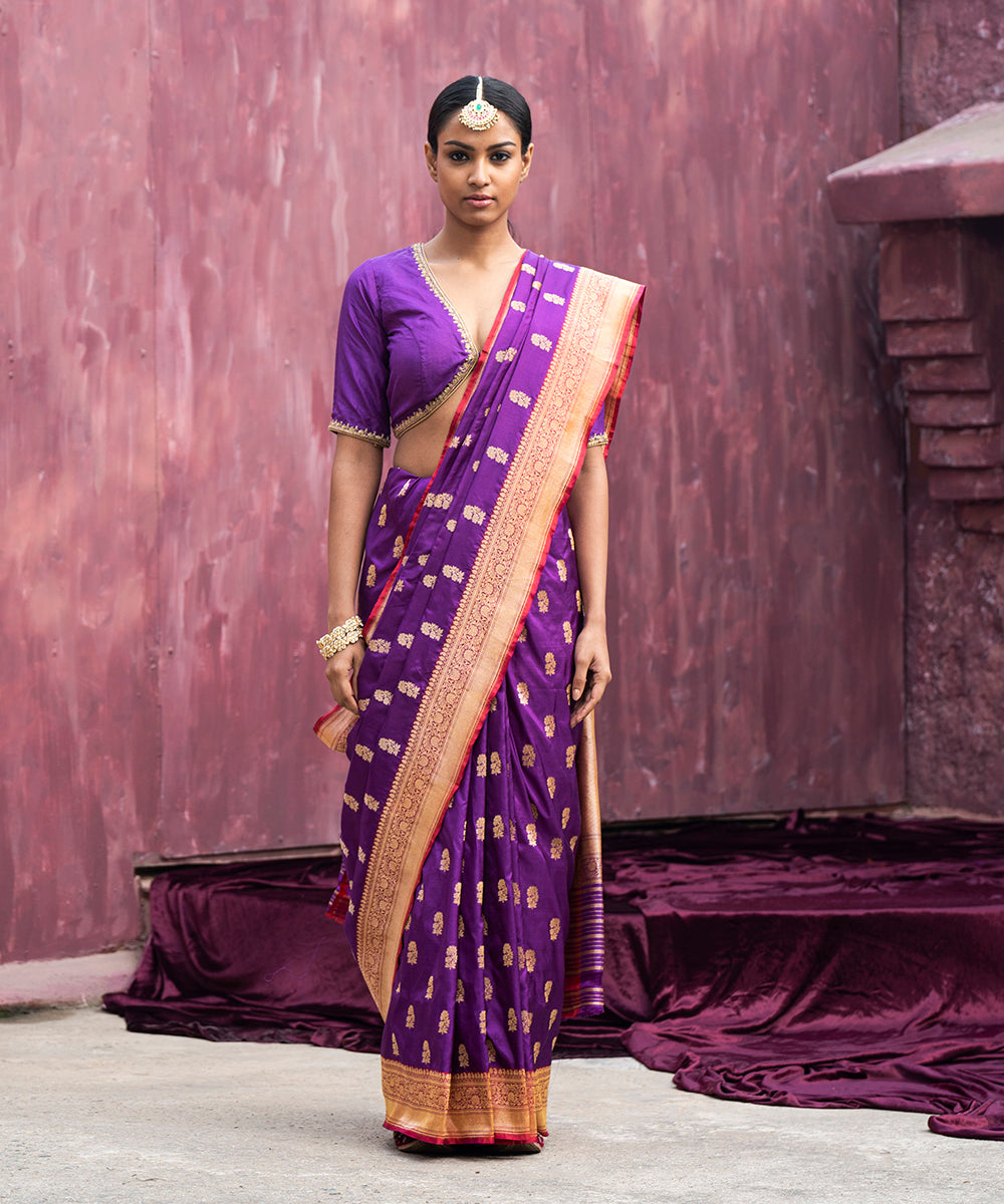Purple_Handloom_Pure_Katan_Silk_Banarasi_Saree_With_Gold_Cutwork_Booti_WeaverStory_02