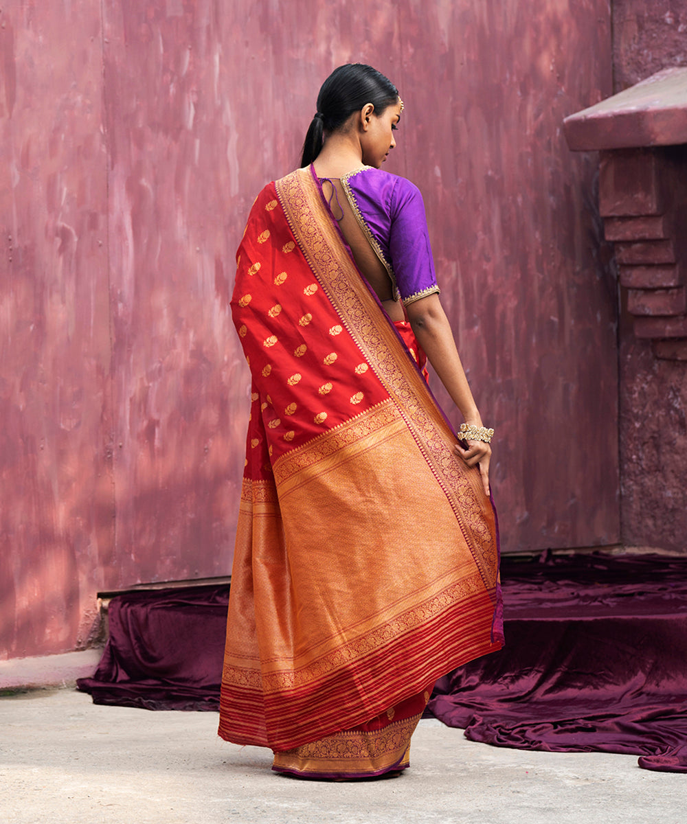 Red Handloom Pure Katan Silk Banarasi Saree With Gold Cutwork Booti