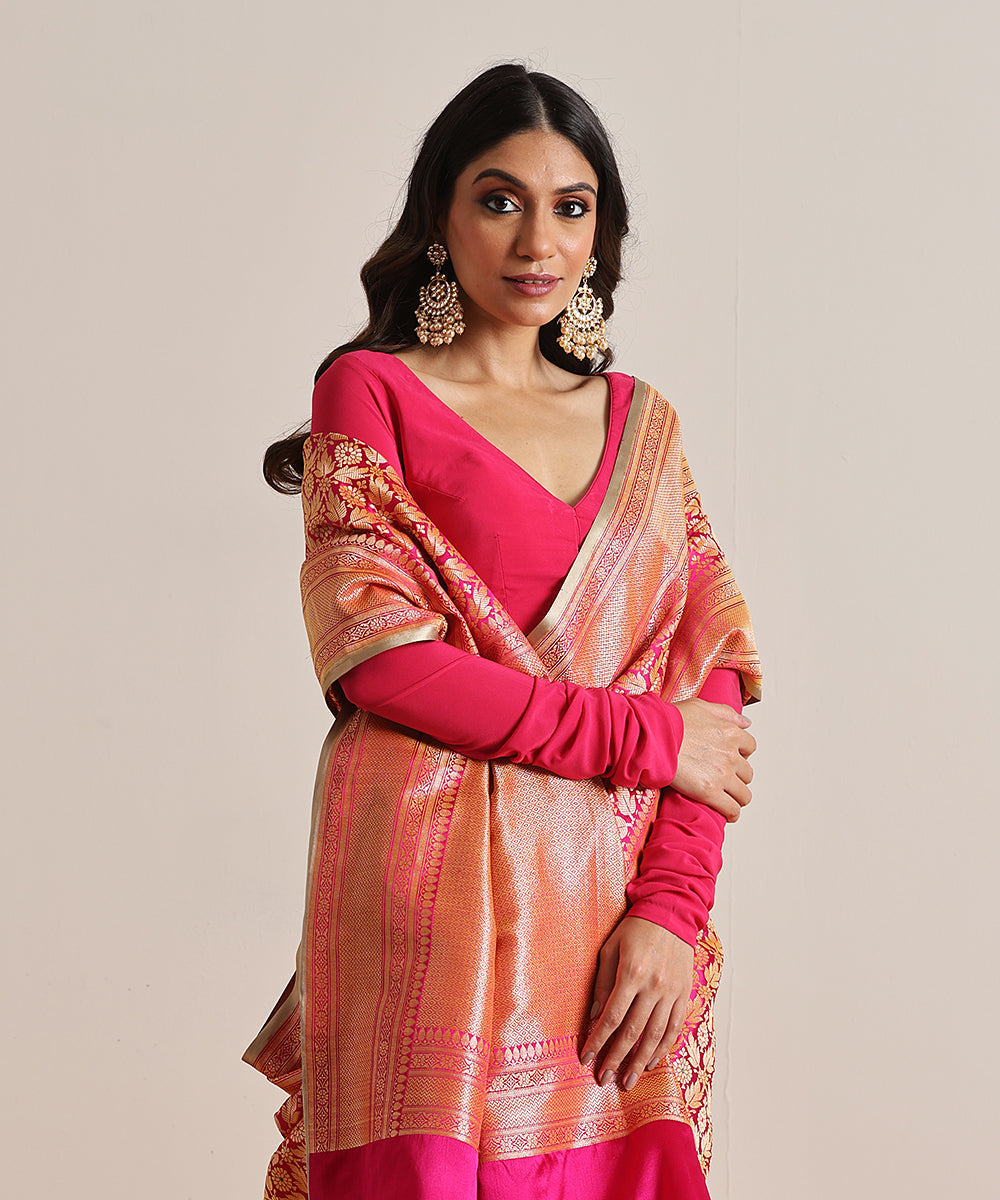 Rani_Pink_Handloom_Pure_Katan_Silk_Kimkhab_Banarasi_Saree_With_Meenakari_Booti_WeaverStory_01