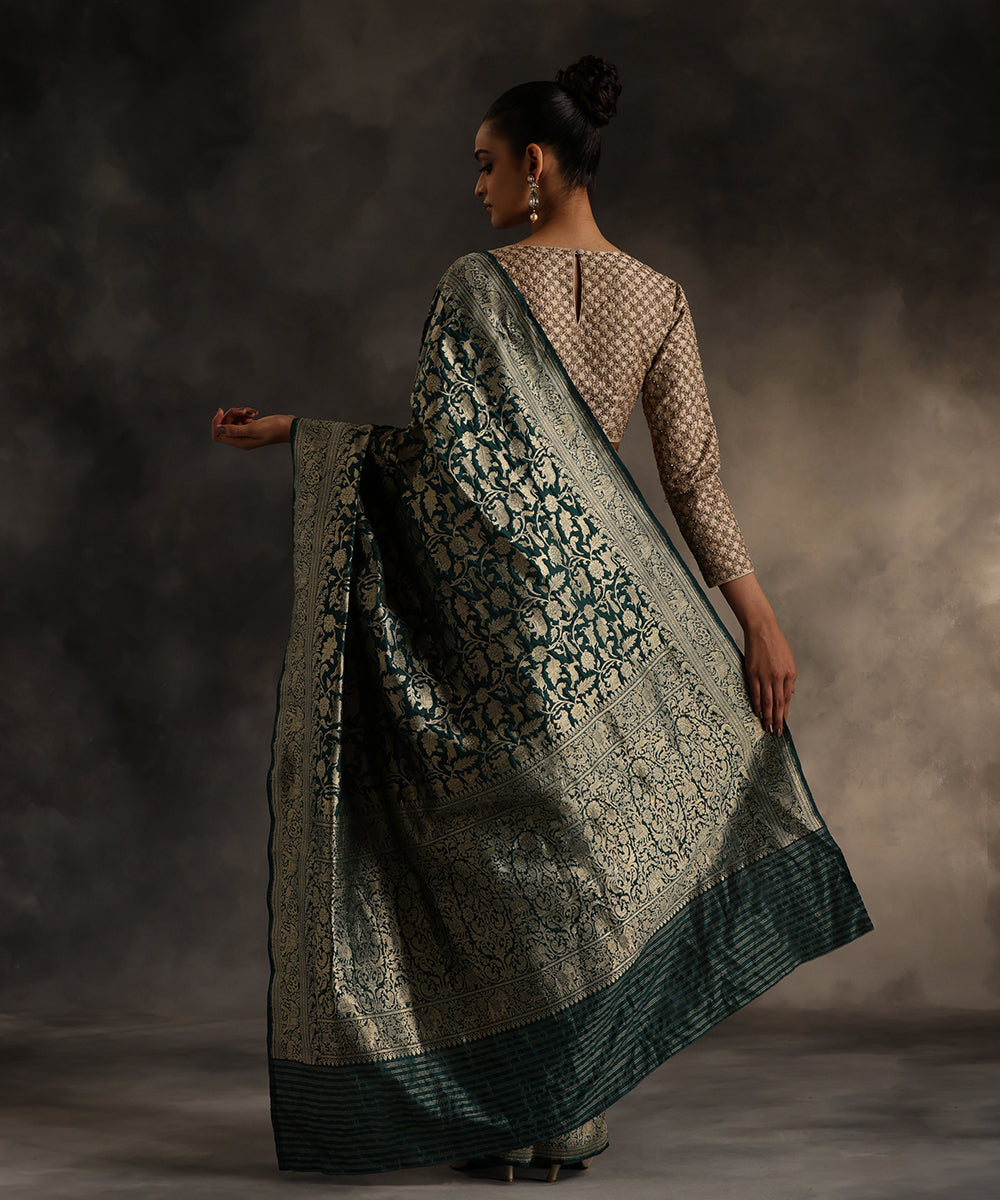 Handloom_Bottle_Green_Pure_Katan_Silk_Shikargah_Banarasi_Saree_WeaverStory_03