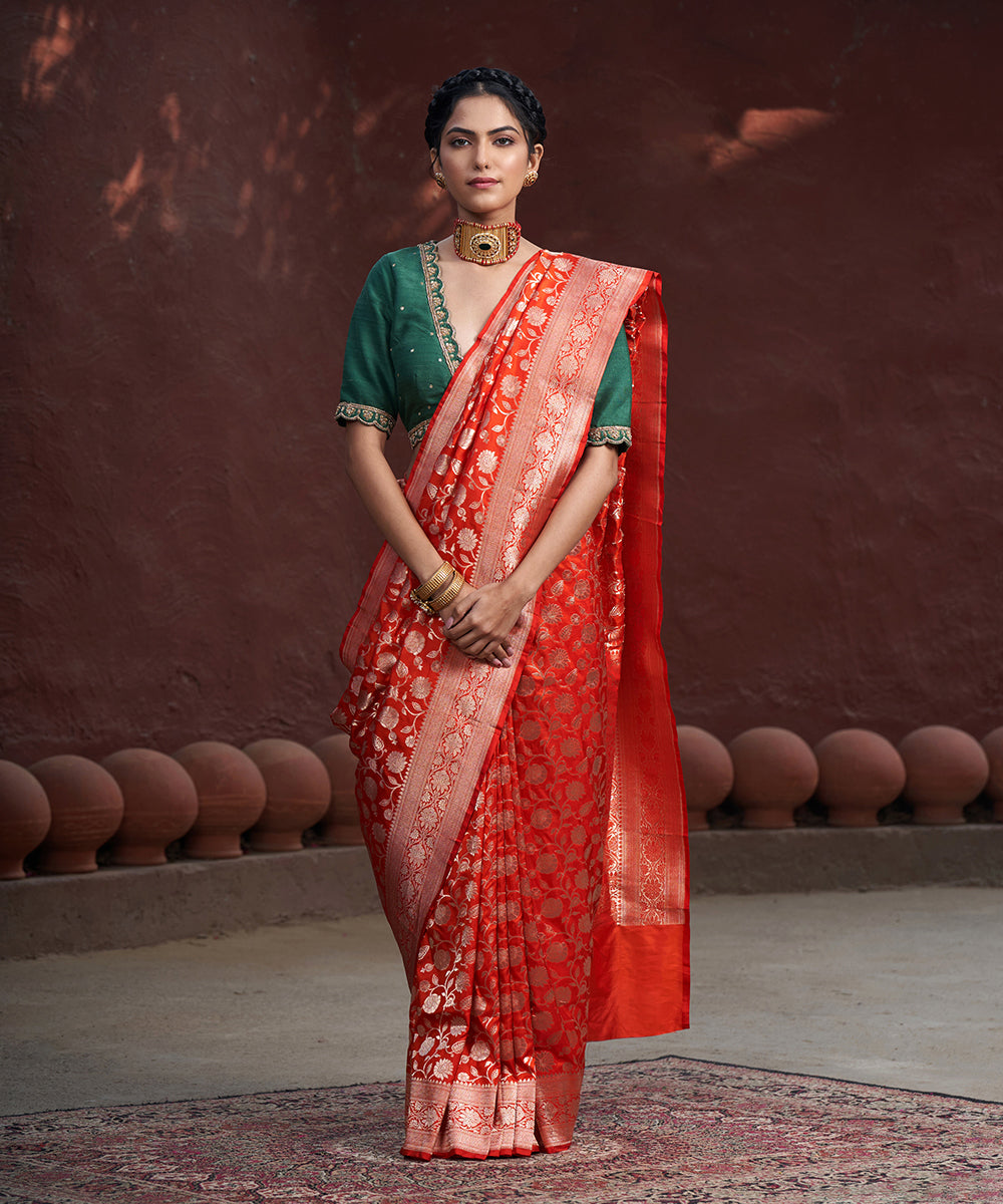 Orange_Handloom_Pure_Katan_Silk_Banarasi_Saree_With_Gold_Zari_Jaal_WeaverStory_02