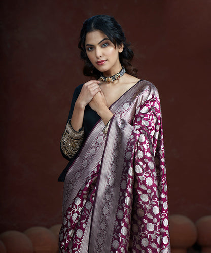 Wine_Handloom_Pure_Katan_Silk_Banarasi_Saree_With_Gold_Zari_WeaverStory_01