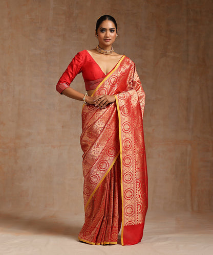 Handloom_Red_Pure_Katan_Silk_Kimkhab_Banarasi_Saree_With_Yellow_Blouse_Piece_WeaverStory_02