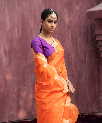 Handloom_Orange_Pure_Katan_Silk_Banarasi_Saree_With_Meenakari_And_Scalloped_Border_WeaverStory_01