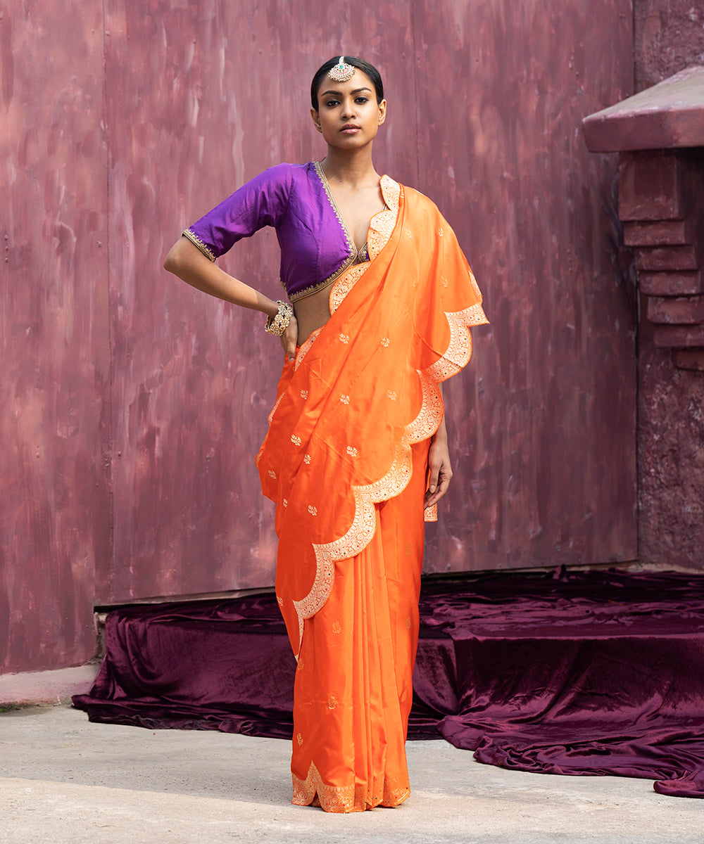 Handloom_Orange_Pure_Katan_Silk_Banarasi_Saree_With_Meenakari_And_Scalloped_Border_WeaverStory_02