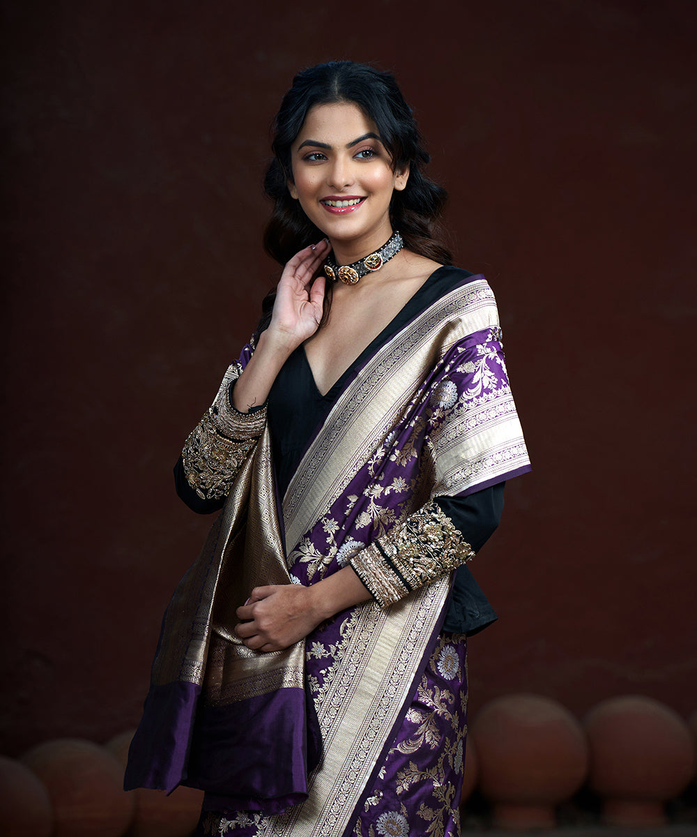 Handloom_Purple_Pure_Katan_Silk_Banarasi_Saree_With_Gold_And_Silver_Zari_Jaal_WeaverStory_01