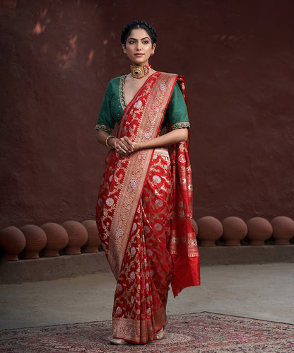 Red_Handloom_Pure_Katan_Silk_Banarasi_Saree_With_Gold_And_Silver_Zari_Jaal_WeaverStory_02