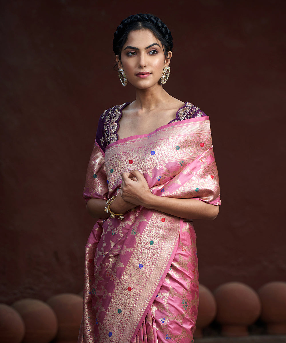 Rose_Pink_Handloom_Pure_Katan_Silk_Banarasi_Saree_With_Gold_Zari_Jaal_And_Meenakari_WeaverStory_01