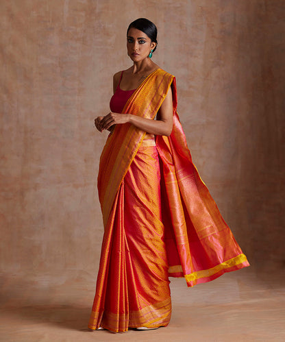 Orange_And_Pink_Pure_Satin_Silk_Tanchoi_Banarasi_Saree_With_Gold_Zari_Border_WeaverStory_02