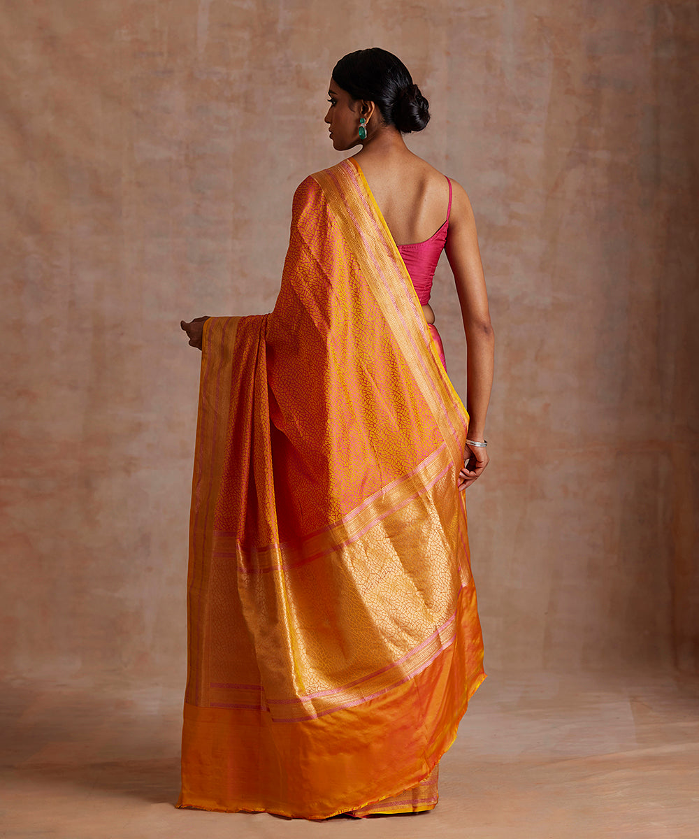 Orange_And_Pink_Pure_Satin_Silk_Tanchoi_Banarasi_Saree_With_Gold_Zari_Border_WeaverStory_03