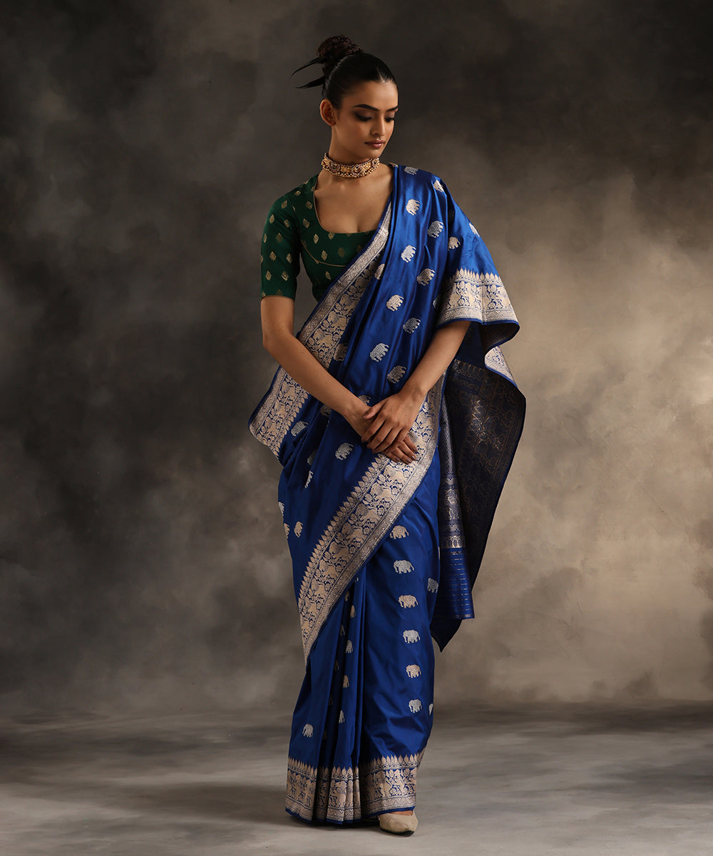 Handloom_Cobalt_Blue_Pure_Katan_Silk_Shikargah_Banarasi_Saree_With_Booti_WeaverStory_02