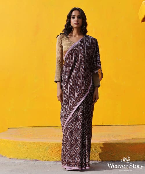 Handloom_Chocolate_Brown_Pure_Cotton_Silk_Jamdani_Banarasi_Saree_WeaverStory_02