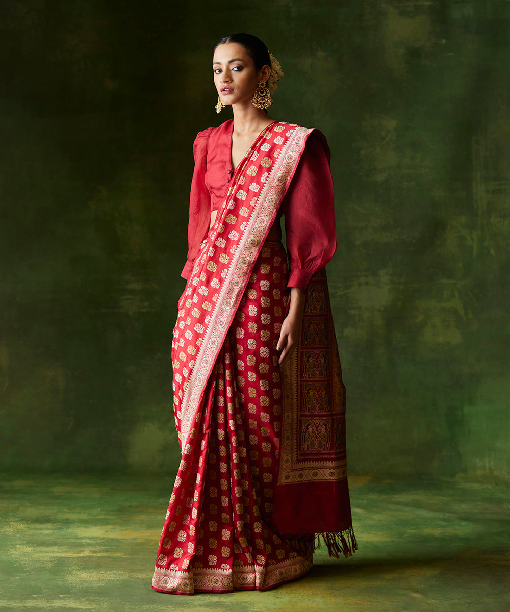 Handloom_Red_Pure_Cotton_Silk_Banarasi_Baluchari_Saree_With_Booti_WeaverStory_02