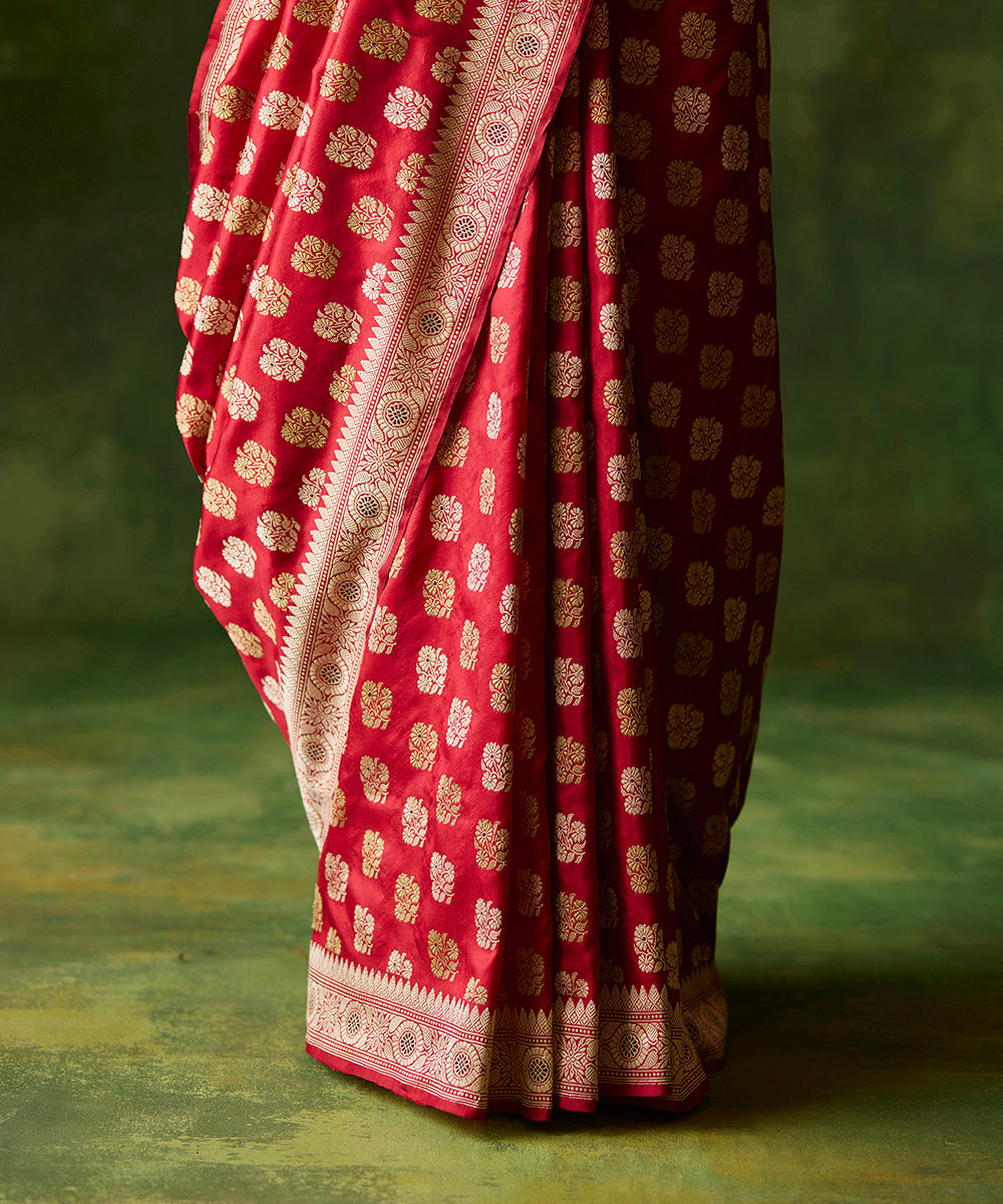 Handloom_Red_Pure_Cotton_Silk_Banarasi_Baluchari_Saree_With_Booti_WeaverStory_04