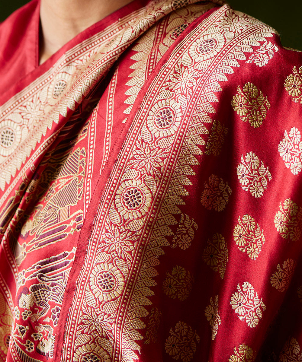 Handloom_Red_Pure_Cotton_Silk_Banarasi_Baluchari_Saree_With_Booti_WeaverStory_05