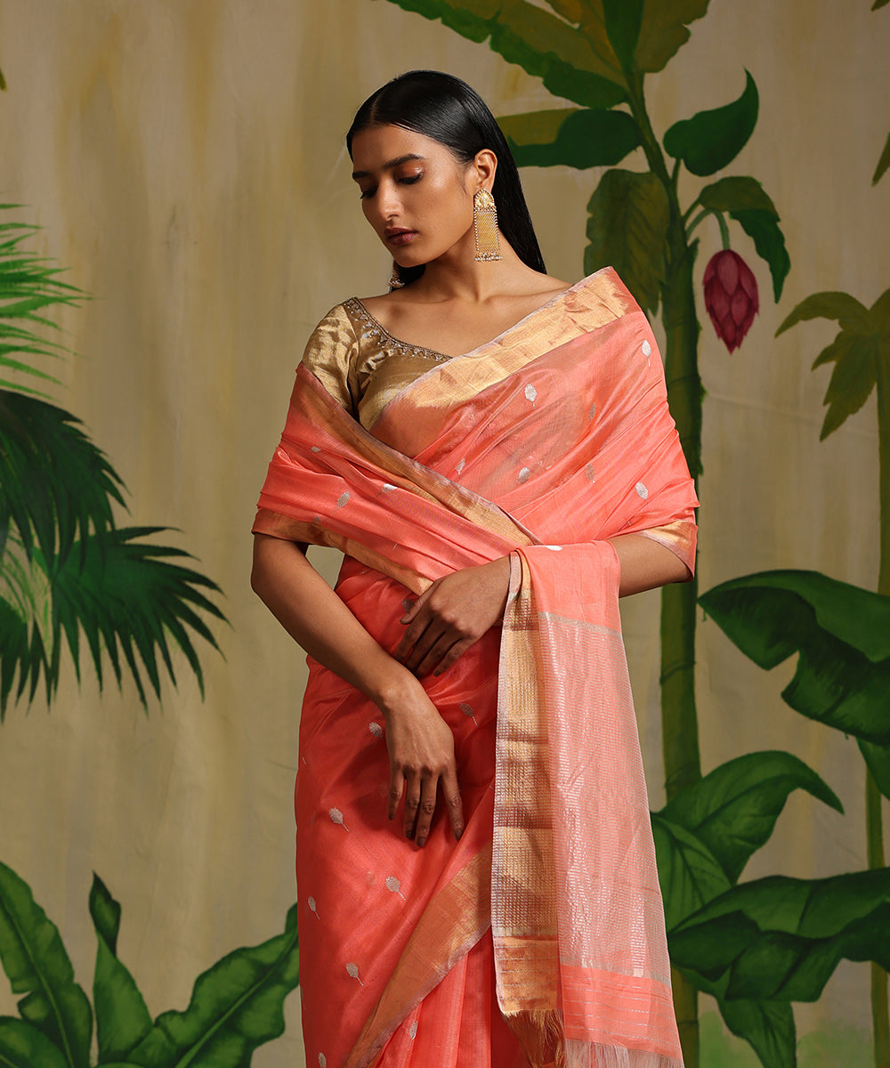 Handloom_Neon_Peach_Pure_Chanderi_Silk_Saree_With_Silver_Zari_Booti_And_Tissue_Border_WeaverStory_01