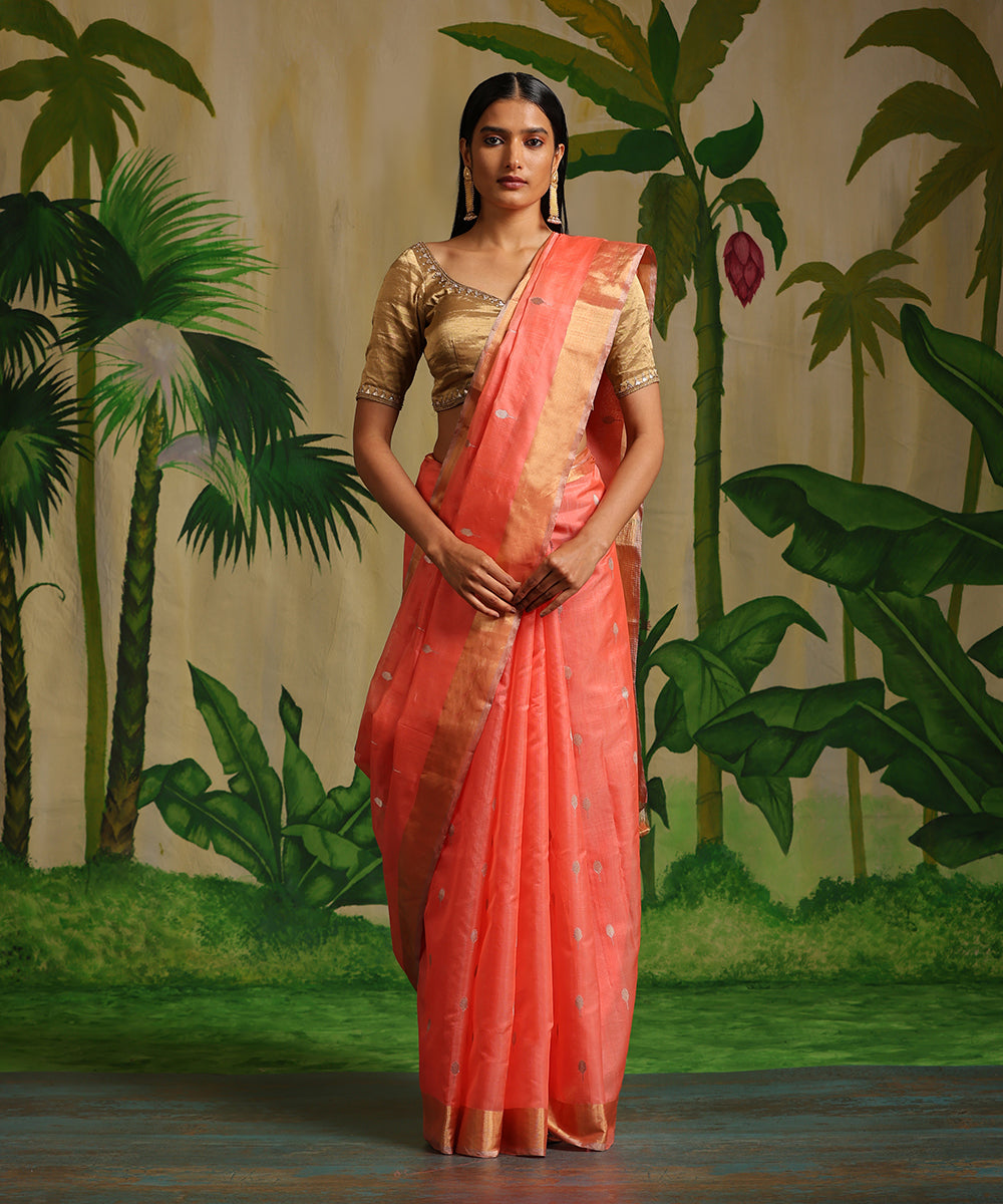 Handloom_Neon_Peach_Pure_Chanderi_Silk_Saree_With_Silver_Zari_Booti_And_Tissue_Border_WeaverStory_02