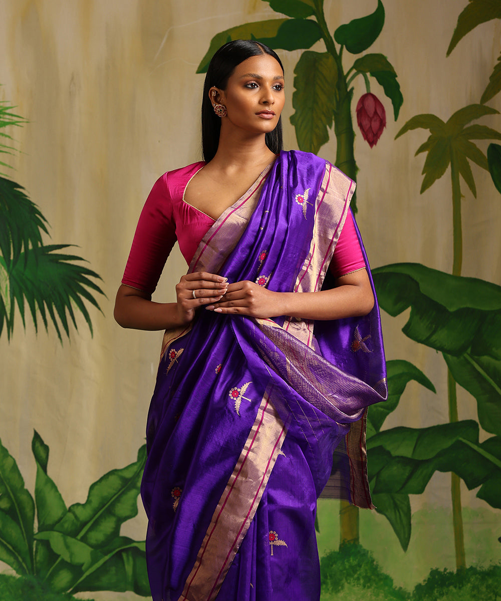 Electric_Blue_Handloom_Pure_Chanderi_Silk_Saree_With_Gold_Zari_Booti_WeaverStory_01