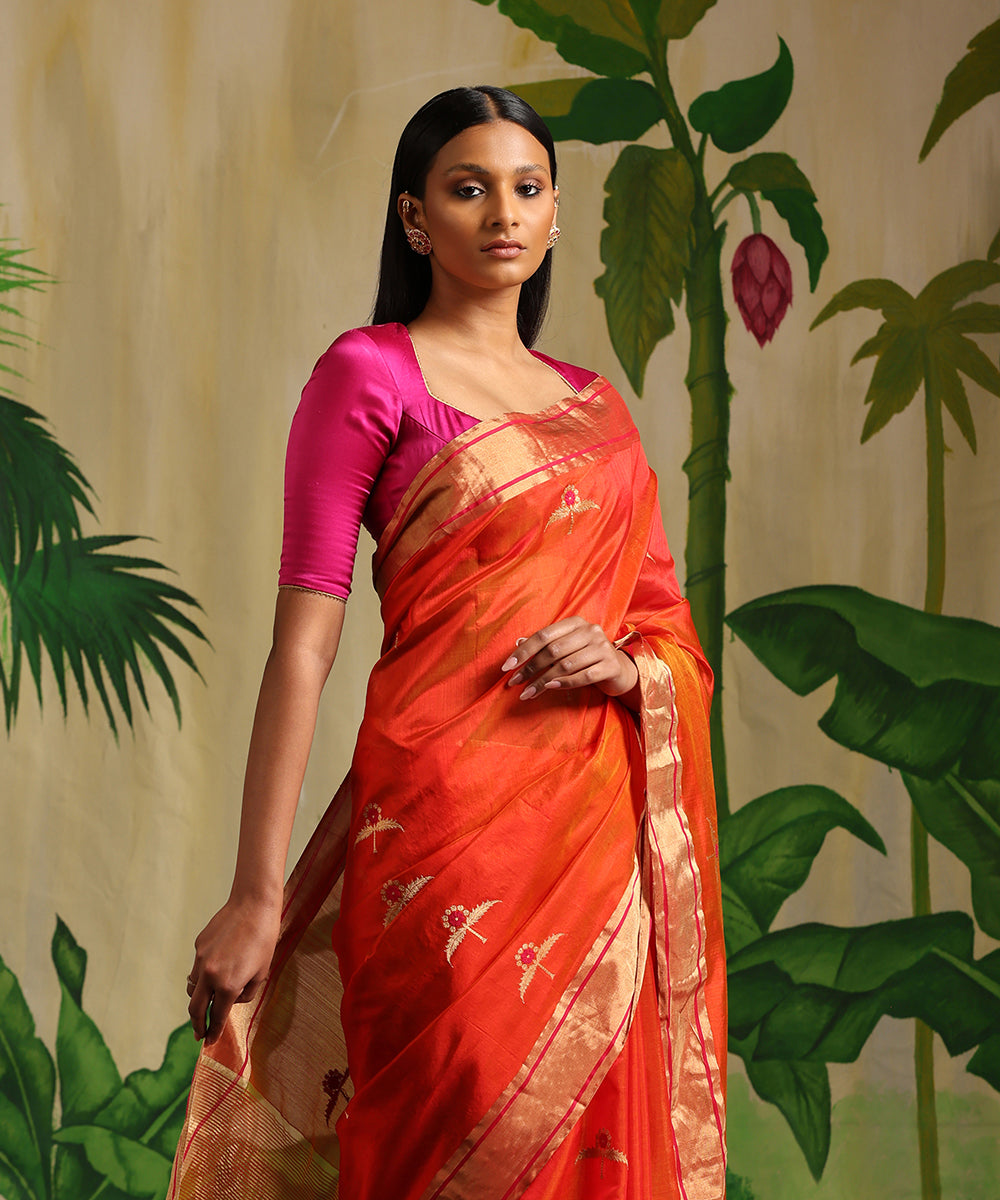 Buy Cantaloupe Orange Silk Saree online-Karagiri