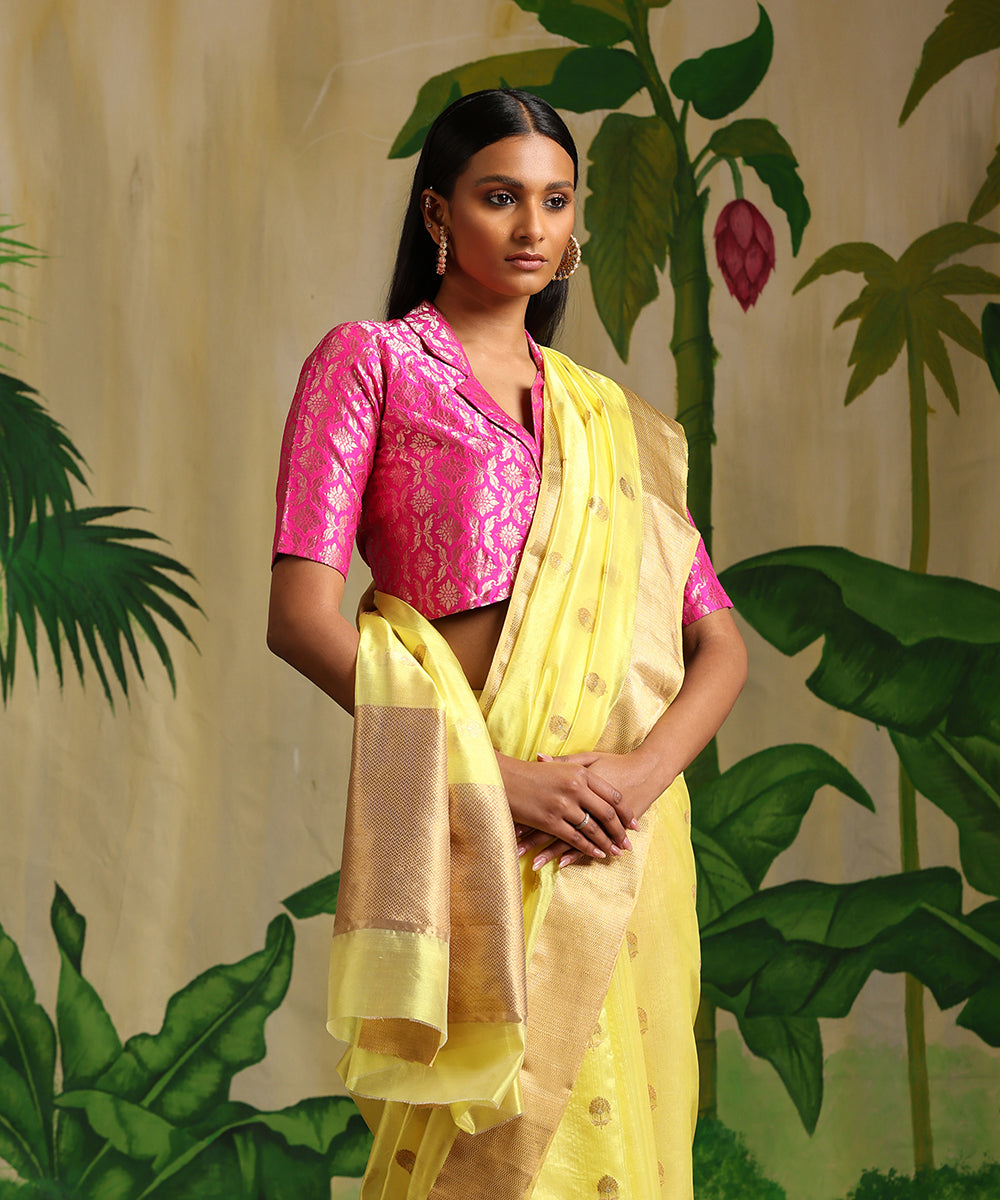 Handloom_Yellow_Pure_Chanderi_Gold_Silver_Meenakari_Booti_With_Gold_Zari_Border_Saree_WeaverStory_01