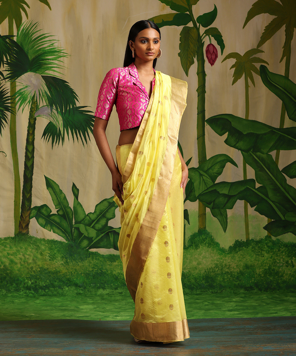 Handloom_Yellow_Pure_Chanderi_Gold_Silver_Meenakari_Booti_With_Gold_Zari_Border_Saree_WeaverStory_02