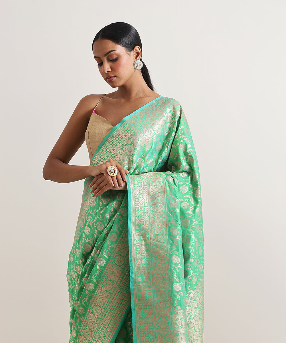 Handloom Mint Green Pure Katan Silk Banarasi Saree With Cutwork Jaal ...