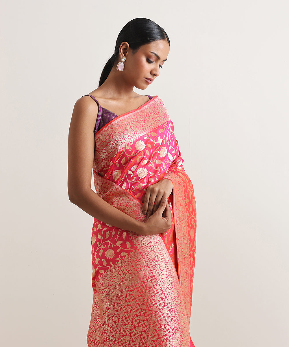 Handloom_Hot_Pink_Double_Shade_Pure_Katan_Silk_Cutwork_Jangla_Jaal_Saree_WeaverStory_01