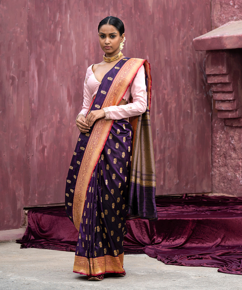 Handloom_Purple_Double_Shade_Pure_Katan_Silk_Banarasi_Saree_With_Cutwork_Booti_WeaverStory_02