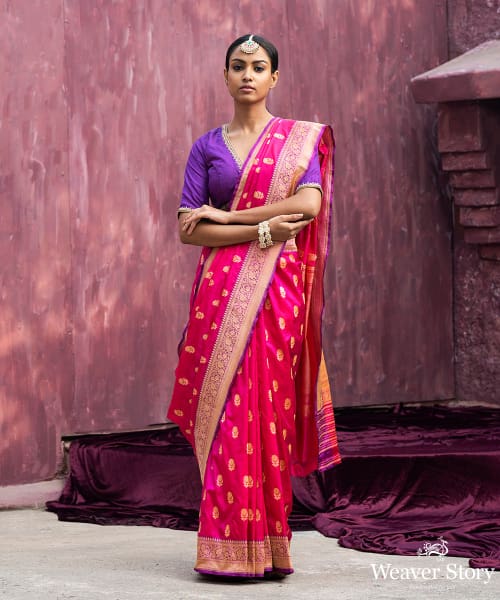 Buy Rani Pink Zari & Sequins Work Raw Silk Saree - Koskii