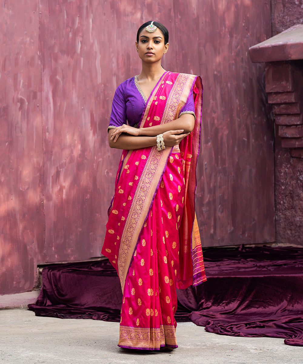 Rani_Pink_Handloom_Double_Shade_Pure_Katan_Silk_Banarasi_Saree_With_Cutwork_Booti_WeaverStory_02