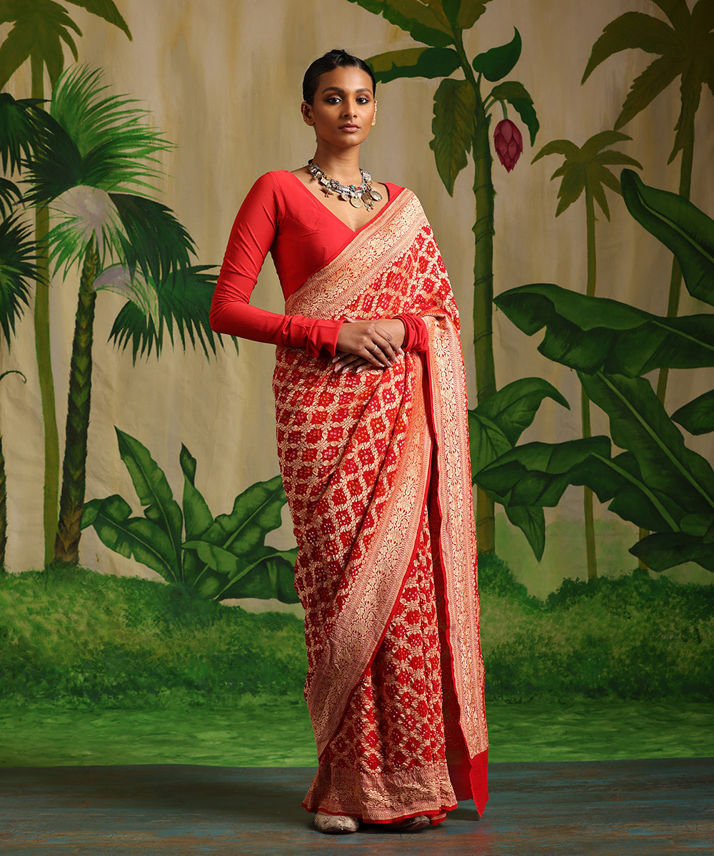 Red_Handloom_Pure_Georgette_Banarasi_Bandhej_Saree_With_Zari_Border_WeaverStory_02