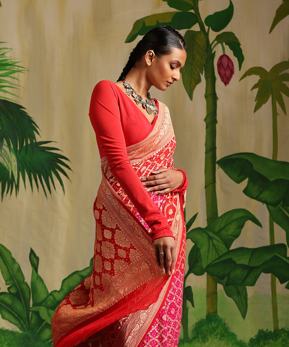 Handloom_Rani_Pink_And_Red_Two_Color_Pure_Georgette_Banarasi_Bandhej_Saree_WeaverStory_01