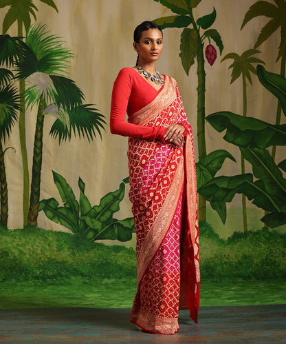 Handloom_Rani_Pink_And_Red_Two_Color_Pure_Georgette_Banarasi_Bandhej_Saree_WeaverStory_02