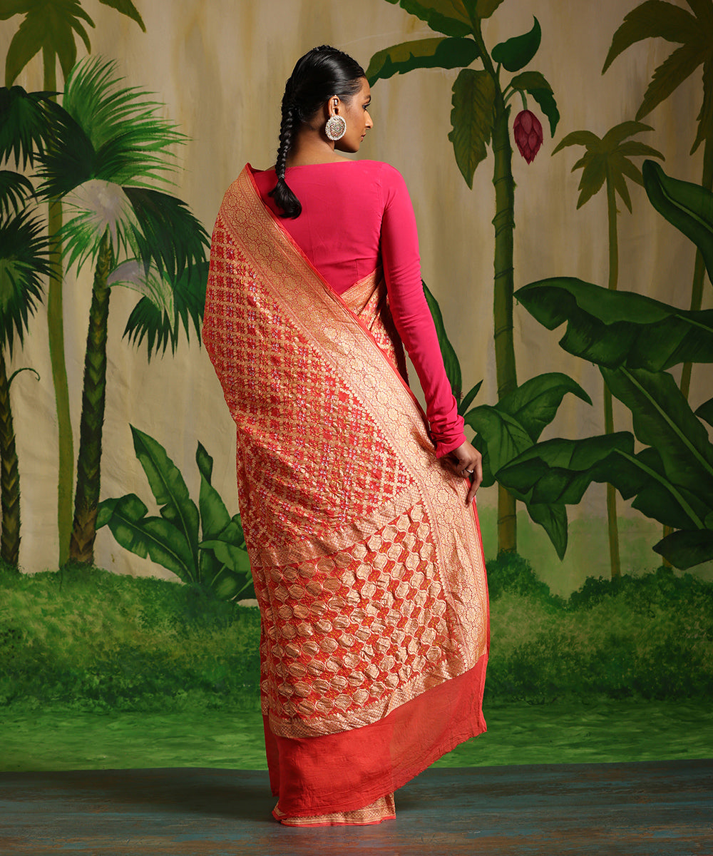 Orange_Handloom_Pure_Georgette_Banarasi_Bandhej_Saree_With_All_Over_Zari_Jaal_WeaverStory_03