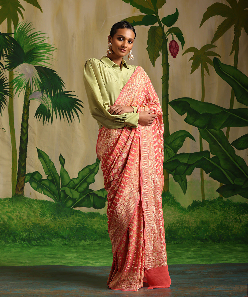 Pastel_Orange_Handloom_Pure_Georgette_Banarasi_Bandhej_Saree_With_All_Over_Cutwork_Jaal_WeaverStory_02