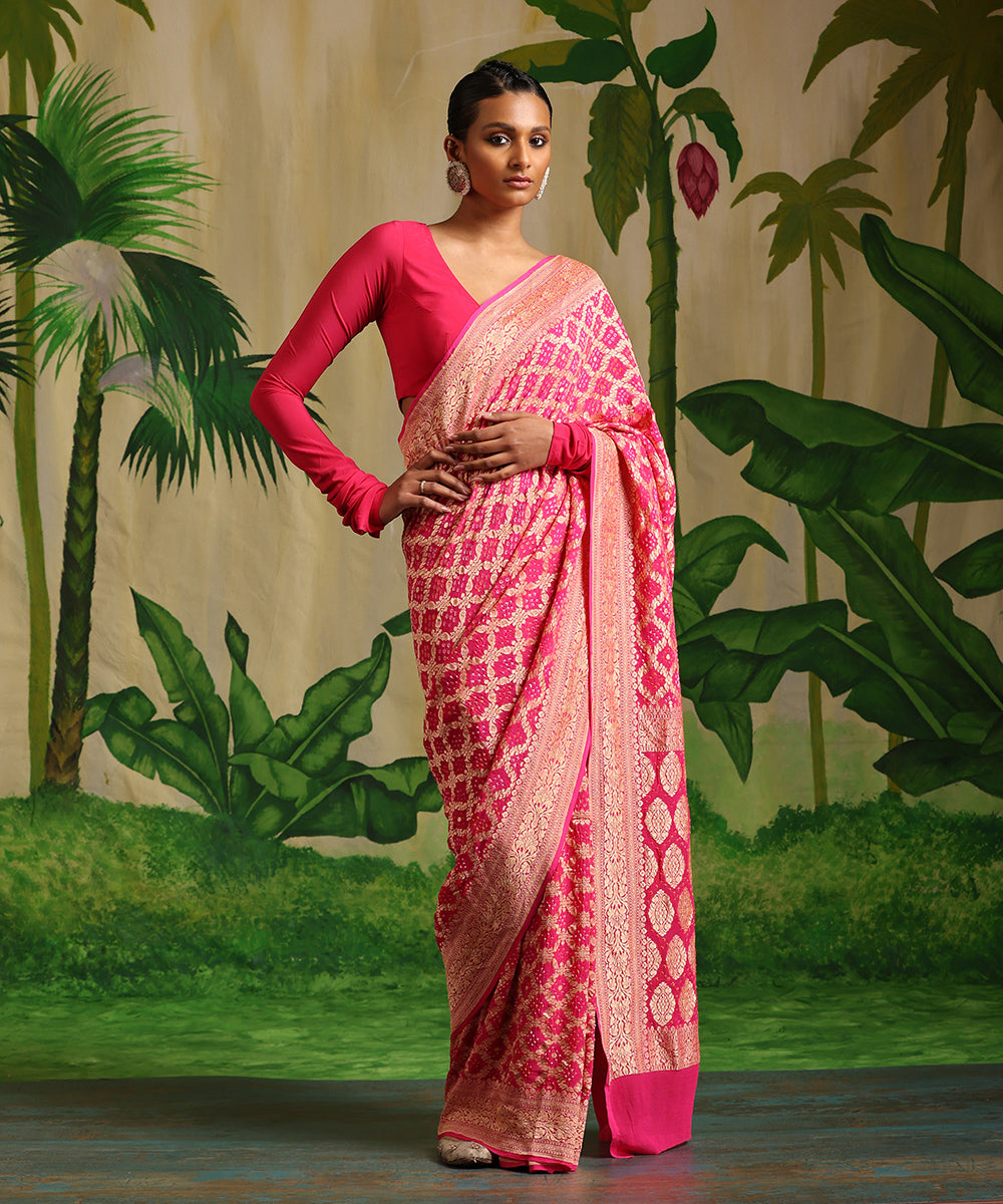 Fuschia_Handloom_Pink_Pure_Georgette_Banarasi_Bandhej_Saree_With_All_Over_Zari_Jaal_WeaverStory_02