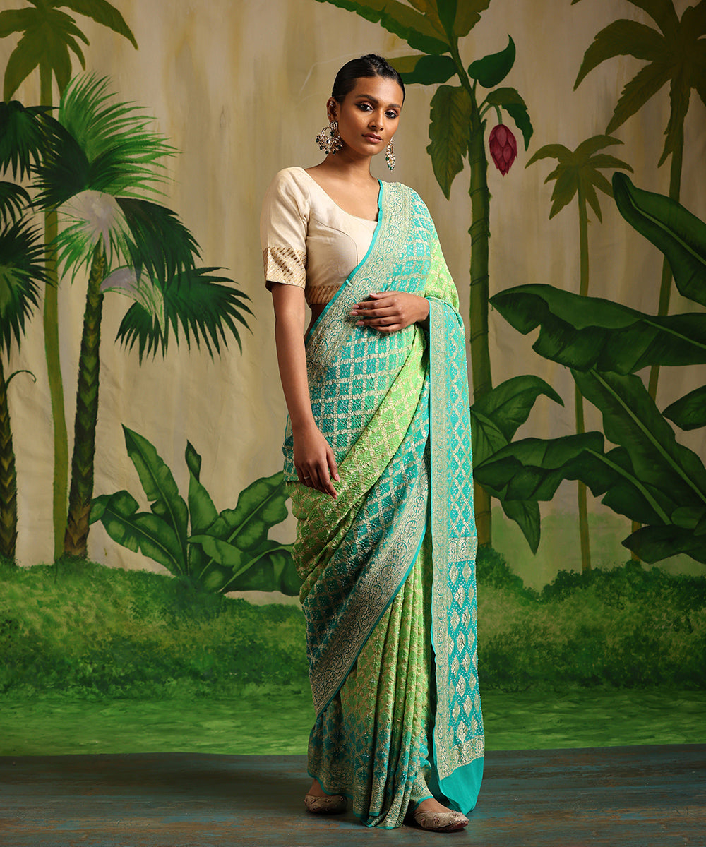 Turquoise_And_Neon_Green_Handloom_Pure_Georgette_Banarasi_Bandhej_Saree_With_Zari_Jaal_WeaverStory_02