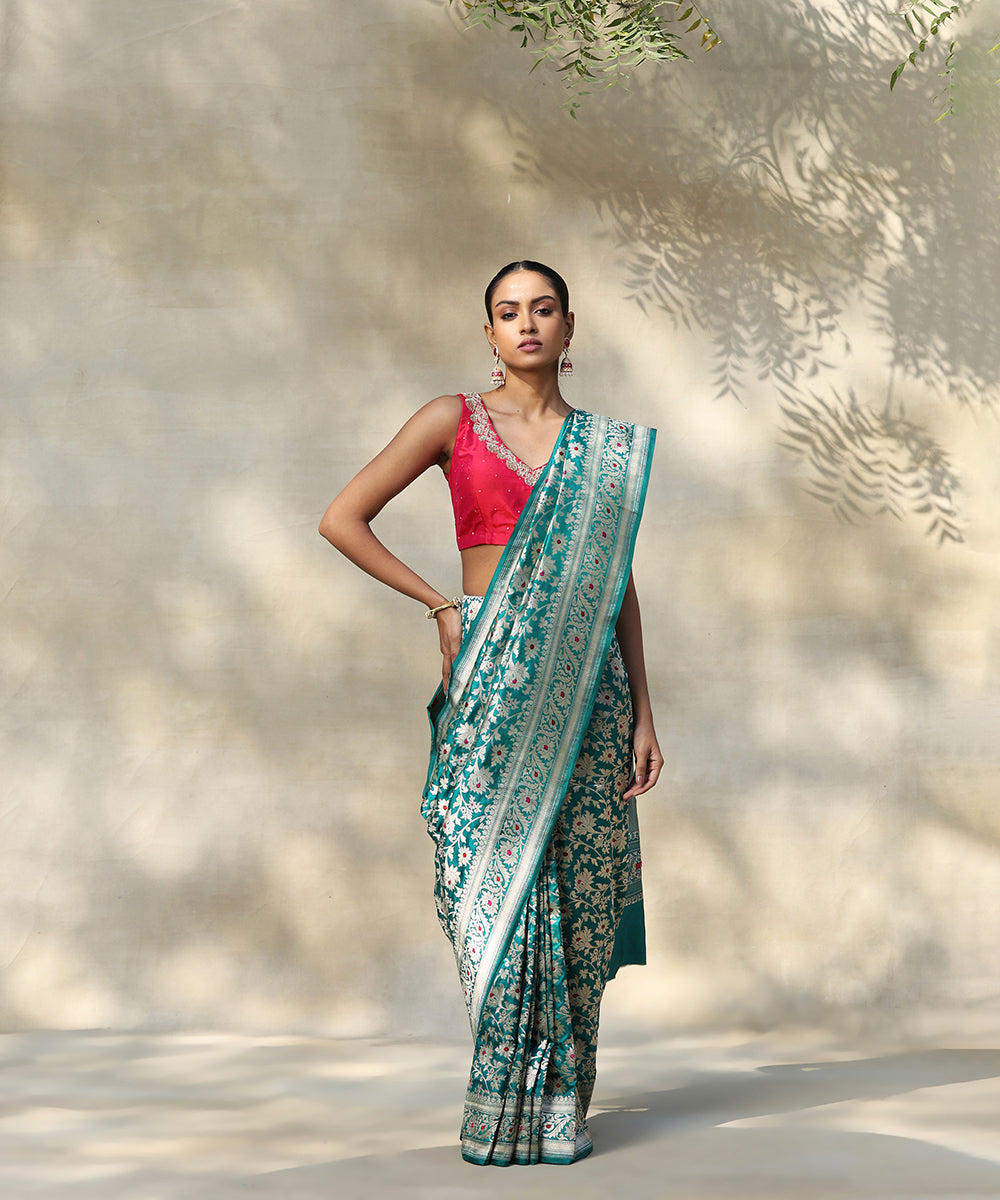 Handloom_Teal_Green_Pure_Katan_Silk_Banarasi_Saree_With_Zari_Jaal_And_Meena_Booti_WeaverStory_02