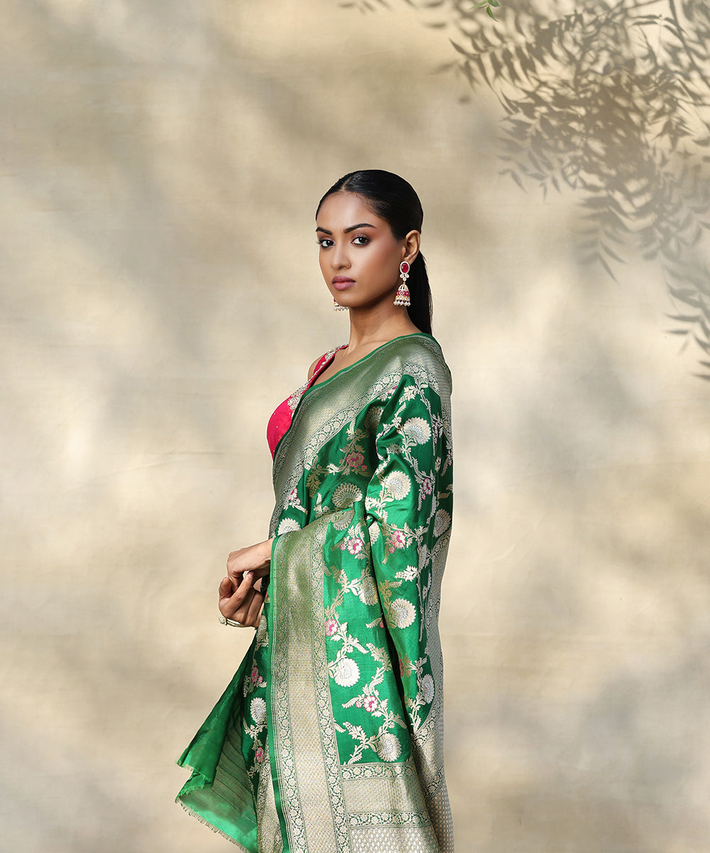 Green_Handloom_Pure_Katan_Silk_Banarasi_Saree_With_Double_Zari_Floral_Jaal_WeaverStory_01