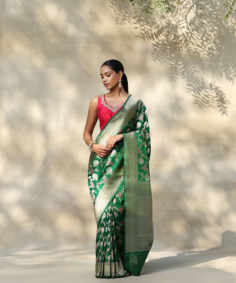 Green_Handloom_Pure_Katan_Silk_Banarasi_Saree_With_Double_Zari_Floral_Jaal_WeaverStory_02